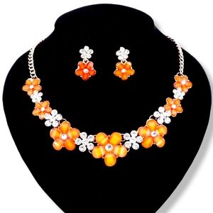 18K gold plated Orange crystal flower necklace earrings set